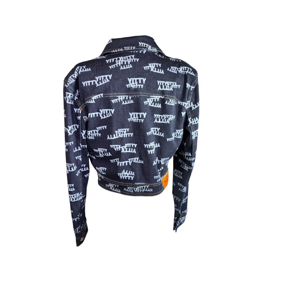 Yitty Womens Cropped Denim Jacket With Allover Logo Print & Button Front - Picture 11 of 12
